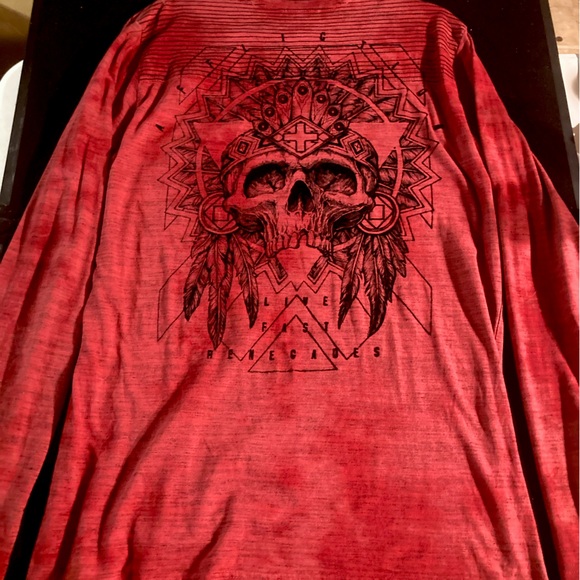 Affliction Men’s, Red Acid Wash, “Live Fast Renegades” Long Sleeve Tee size XL - Picture 2 of 8
